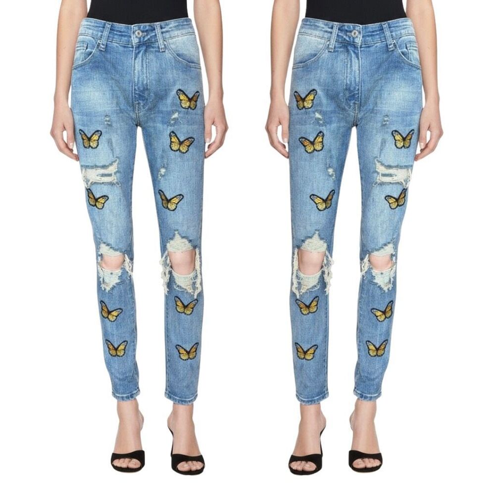 OMG Dope Collection Butterfly Distressed Jeans 30 Y2K Rare 2018 Streetwear Denim
